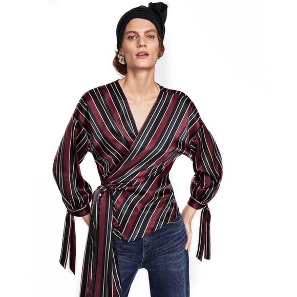 ZARA Striped Satin Wrap Blouse - Picture 1 of 5